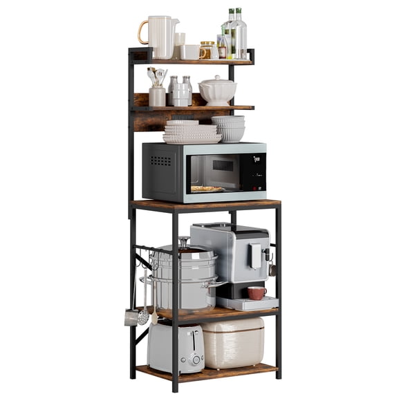 VERDALAY Estante de cocina Estante para microondas con enchufes Ganchos en forma de S Estante para vajilla Organizador de estantes de madera de 5 niveles Estante con estructura metálica Aparador