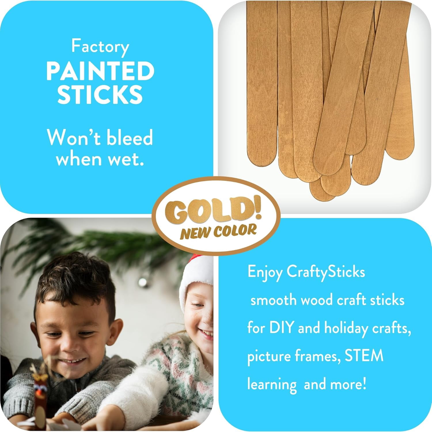 CraftySticks- 300 Pack 6 Inch Gold Metallic Painted Wood Craft Sticks, Jumbo Popsicle Sticks for Crafts, Learning and STEM Basics