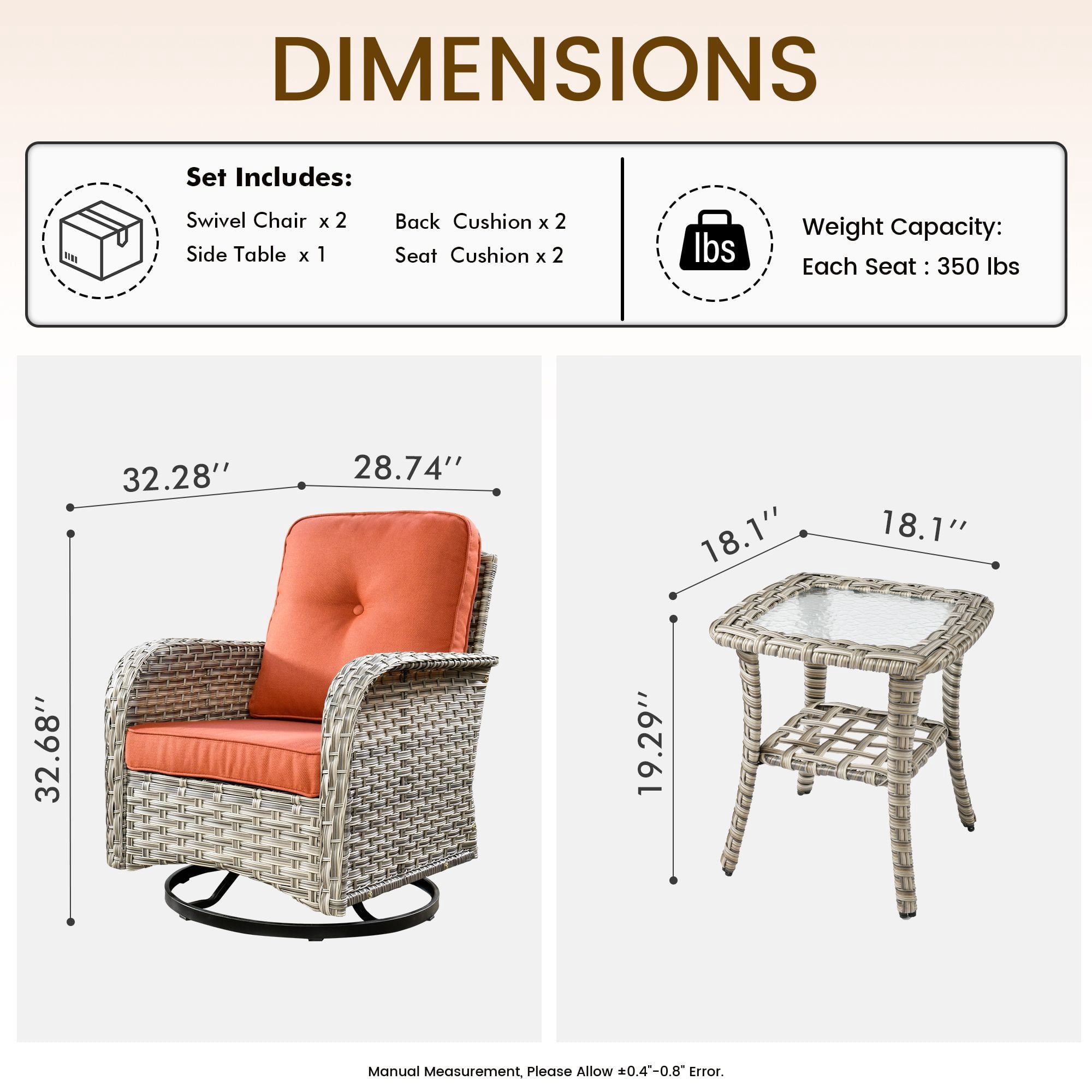Vcatnet 3 Pieces Outdoor Patio Furniture Wicker Swivel Rocking Chair Swivel Rocker Patio Chairs Set of 2 with Side Table for Porch, Backyard, Coarse Orange Red