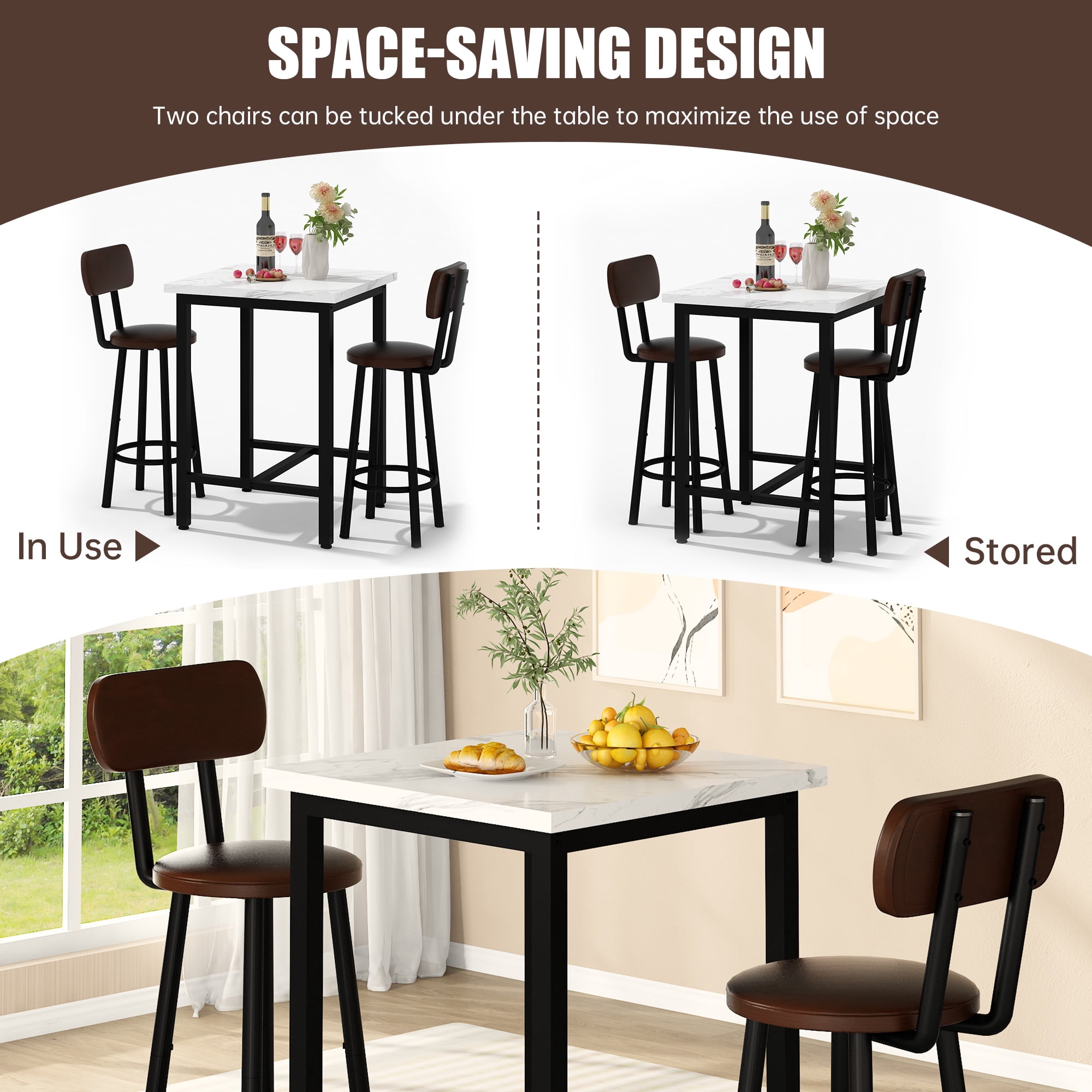 MIERES Square Marble Dining Table Set, 2-Seater Kitchen Dining Set with Two Bar Stools, Compact Dining Table, White