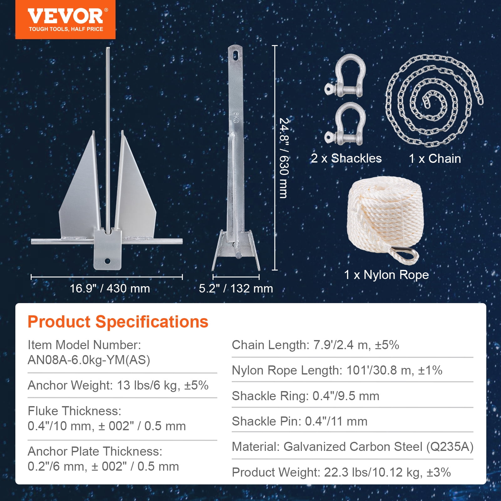 VEVOR Fluke Style Anchor Kit, 13 LBS Hot-Dipped Galvanized Steel Fluke Anchor with 7.9' Chain, 101' Rope and Two 0.4" Shackles, Marine Boat Anchor for Small Vessels Under 30', Seas, Rivers
