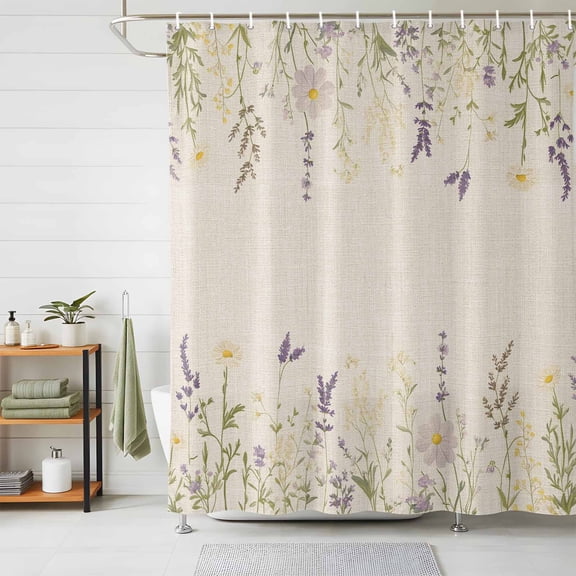 Shower Curtain Floral Leaf Shower Curtains for Bathroom Decor, Waterproof Polyester Shower Curtain Set with Hooks, Extra Long 72" x 96" Purple White Flowers