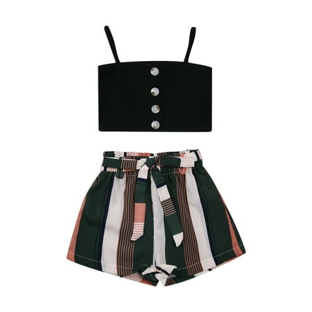 

Carolilly Girls Solid Color Sleeveless Spaghetti Strap Top+ Striped Shorts