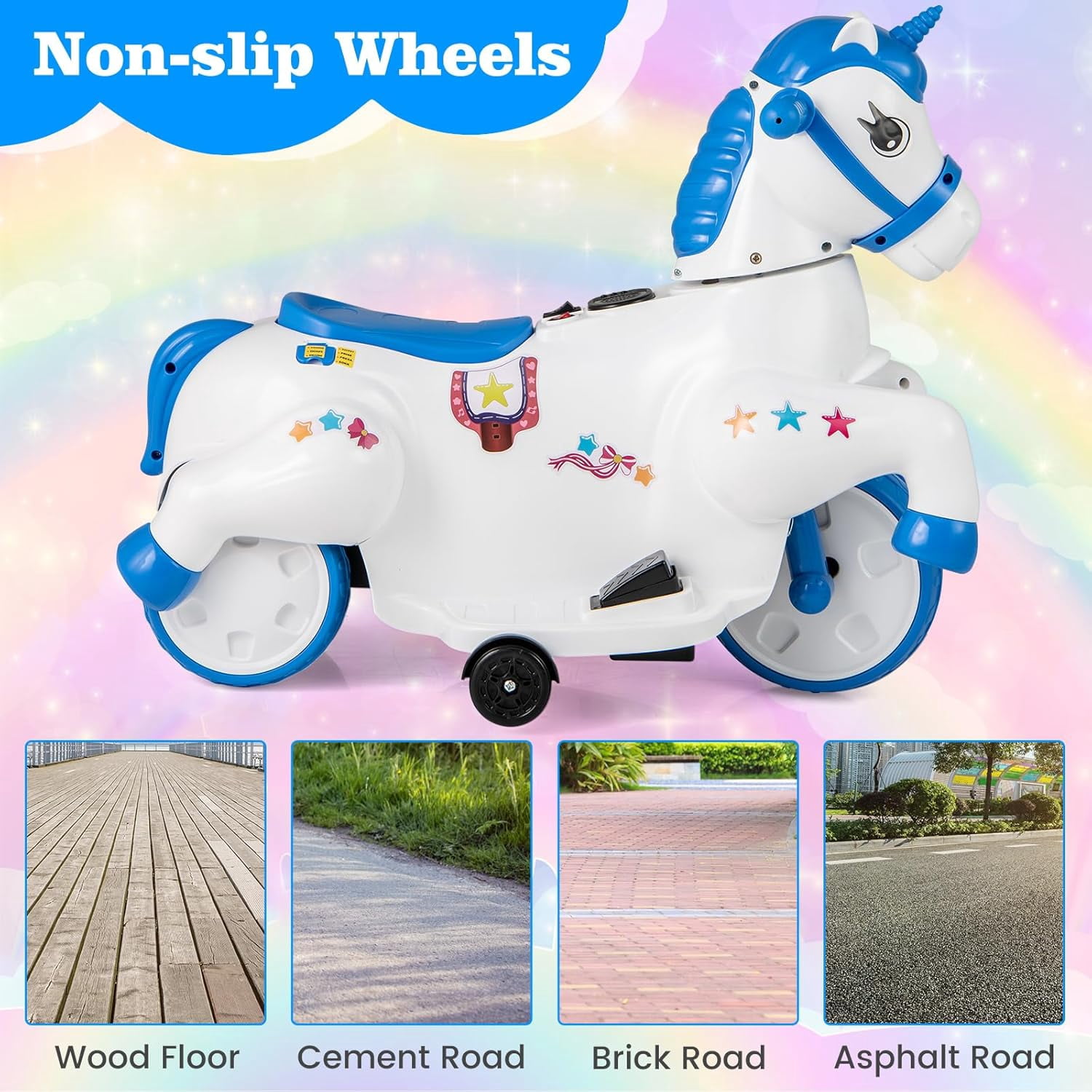 OLAKIDS 2 in 1 Ride on Motorcycle and Horse, Unicorn 6V Battery Powered Ride on Toy with Up & Down Function, MP3, Power Display, Training Wheels, Kids Electric Vehicle Aged 3-6 Years