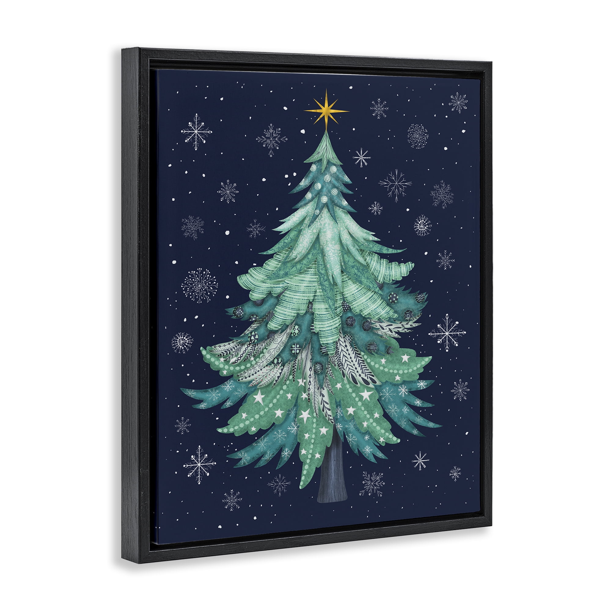 Stupell Industries Abstract Pattern Xmas Tree Holiday Painting Black Floater Framed Canvas Art Prints Wall Art, 17 x 21