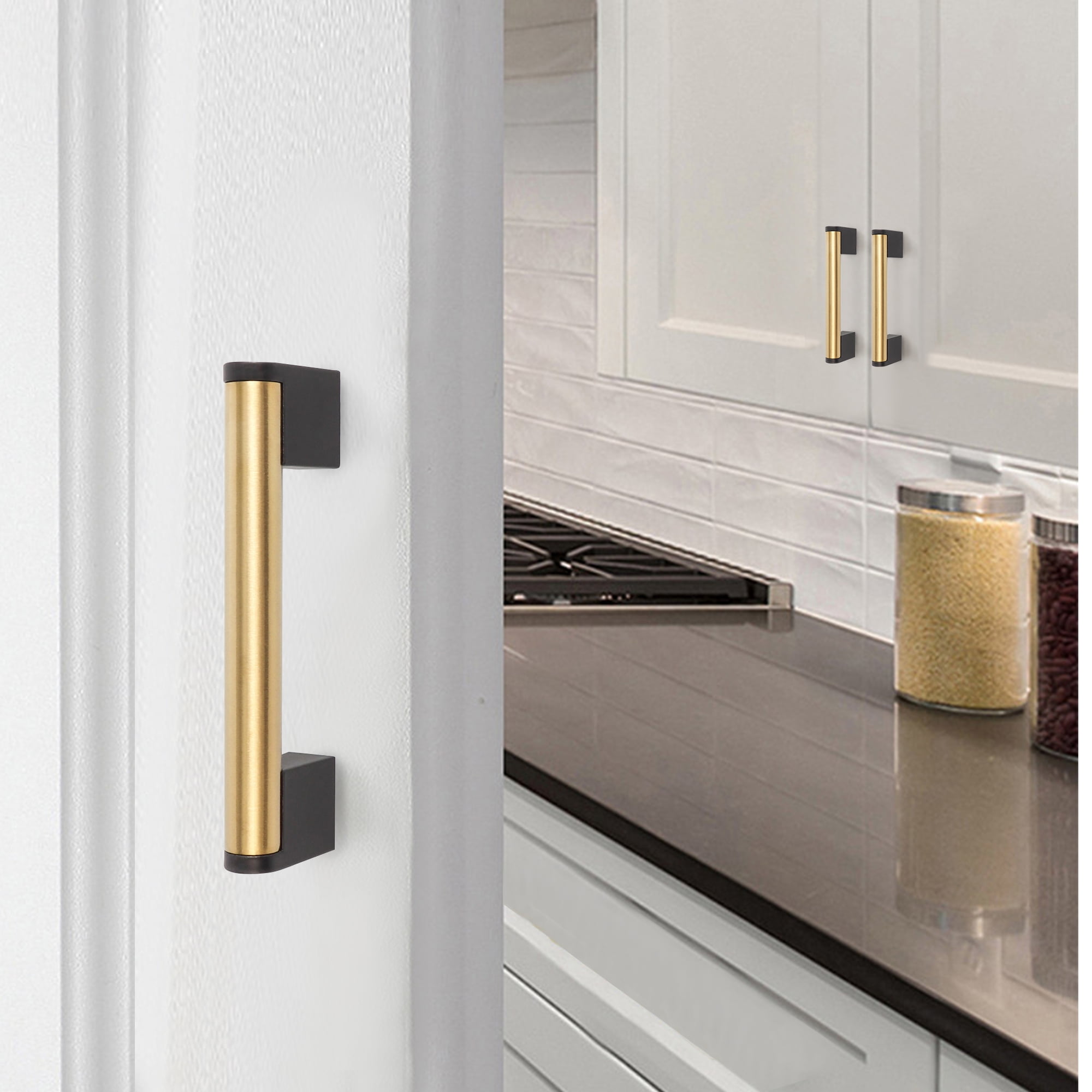 Fulgente 10 Pack Cabinet Handle and Pulls 3-3/4 Brushed Brass Finish Pull for Kitchen Cabinets Gold and Black Handles(Center to Center 3-3/4'' 96mm) Hardware for Cupboard