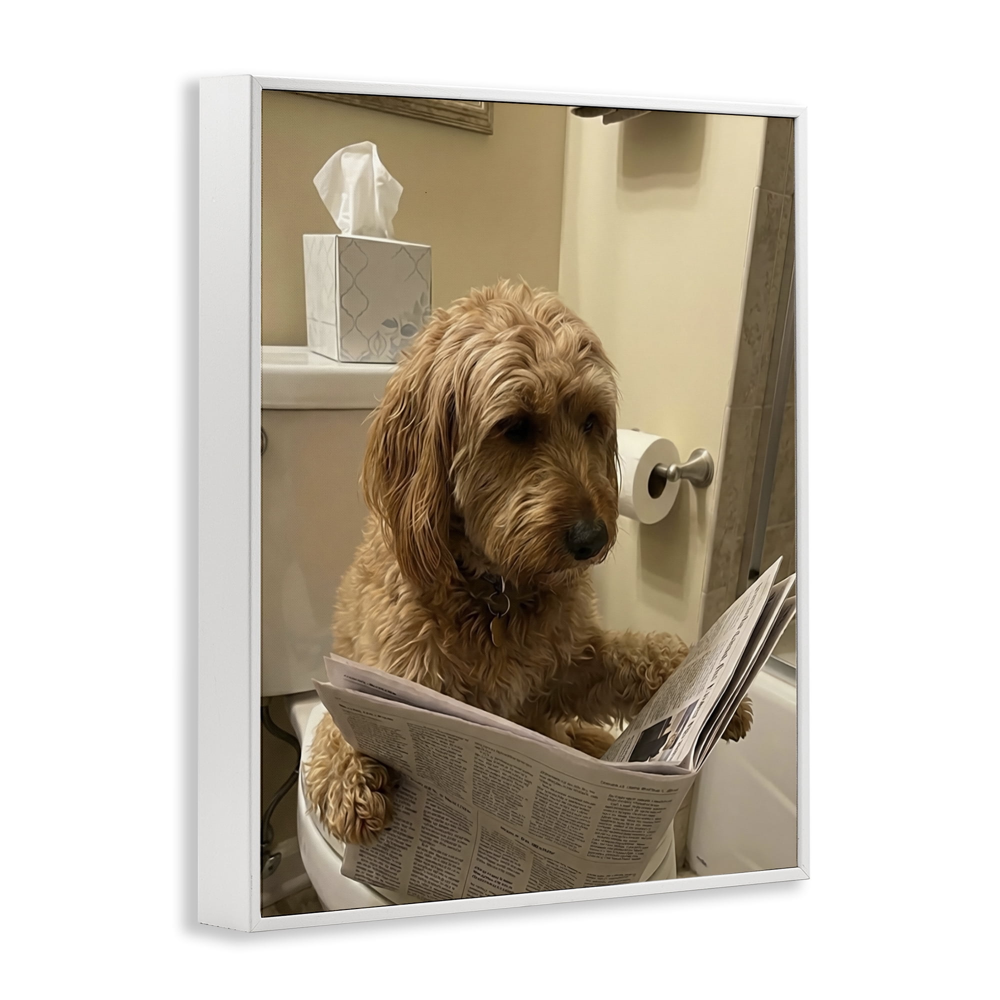 Stupell Industries Dog & Paper on Toilet White Framed Giclee Art, design by Abigail Walker