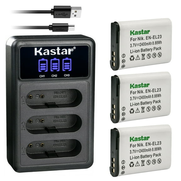 Kastar 3 Pack EN-EL23 Battery and LCD Triple USB Charger Compatible with Nikon Coolpix B700, Coolpix P600, Coolpix P610, Coolpix P610s, Coolpix P900, Coolpix P900s, Coolpix S810c Camera