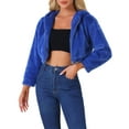 thumbnail image 1 of Abrigo de piel sintética casual para mujer INSPIRE CHIC con cremallera, capucha y corte corto, chaqueta de forro polar esponjoso en azul real, 1 of 5