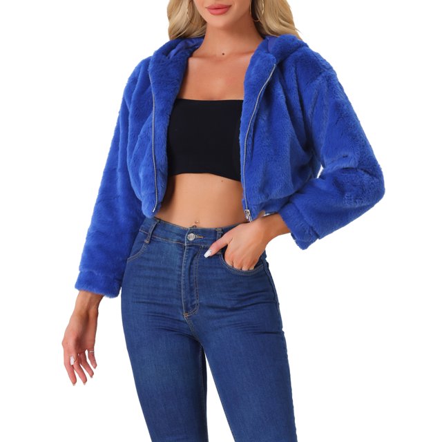 Abrigo de piel sintética casual para mujer INSPIRE CHIC con cremallera, capucha y corte corto, chaqueta de forro polar esponjoso en azul real