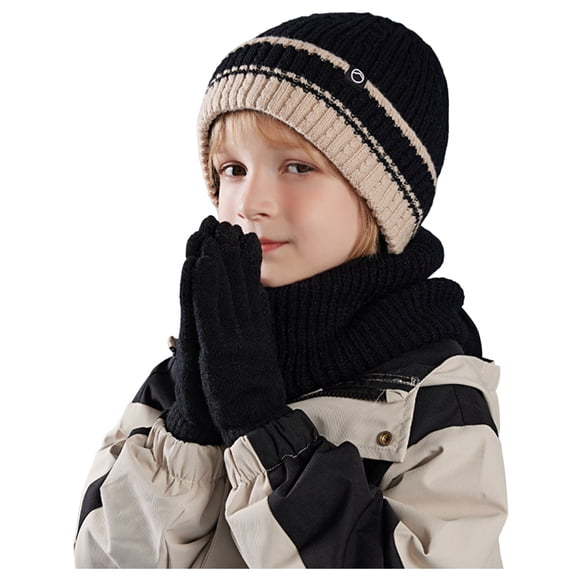 Gubotare Girls Hat and Gloves Set Kids Winter Hat Gloves Scarf Set, Girls Toddler Children Beanie with Pom Knit Neck Warmer Gaiter Mittens Fleece Lined Set (Black,One Size)