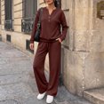 thumbnail image 5 of Women Henley Sweatshirt Wide Leg Pants 2 Piece Loungewear Tracksuit Soft Light Terry Knit Matching Outfit, M, 5 of 6
