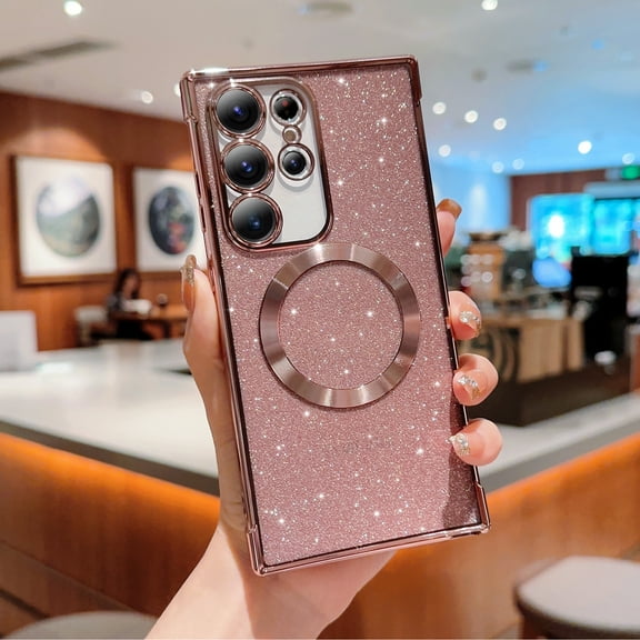 Magnetic Case for Samsung Galaxy S22 Ultra Clear Glitter Case, [Compatible with MagSafe Wireless Charging] Non-Yellowing Sparkle Shining Case for Women Girls, Rugged Shockproof Phone Case,Pink