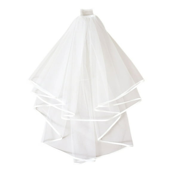 Double Layer Mesh Tulle Solid Color Women Short Wedding Veil with Comb Ribbon Trim Center Cascades Bride Party Headpiece