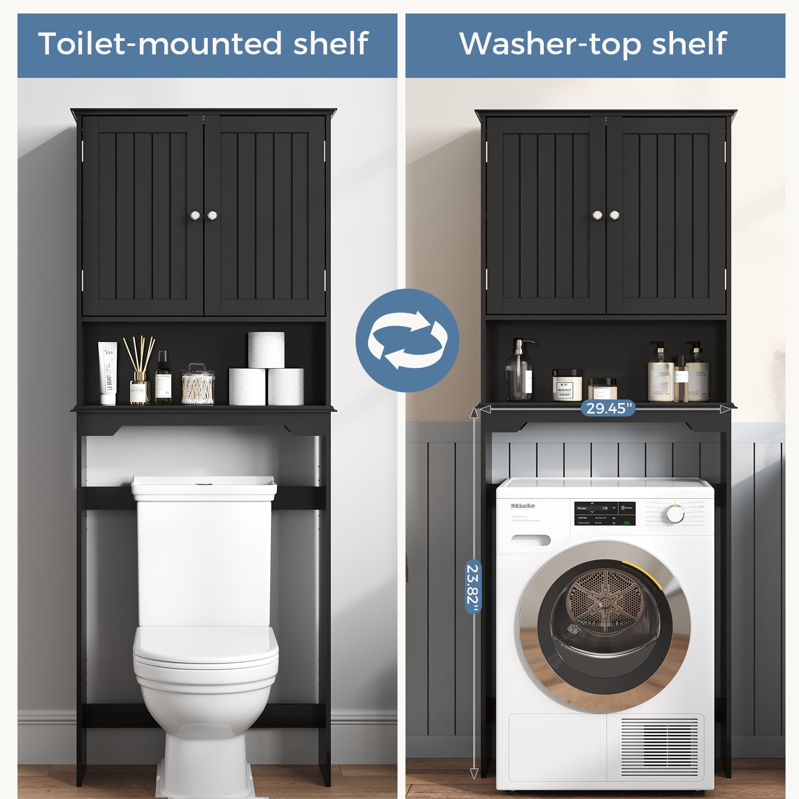 CONCETTA Black Over The Toilet Cabinet for Bathroom, Space Saver Storage with Quiet Magnetic Doors & Adjustable Bottom Stabilizer