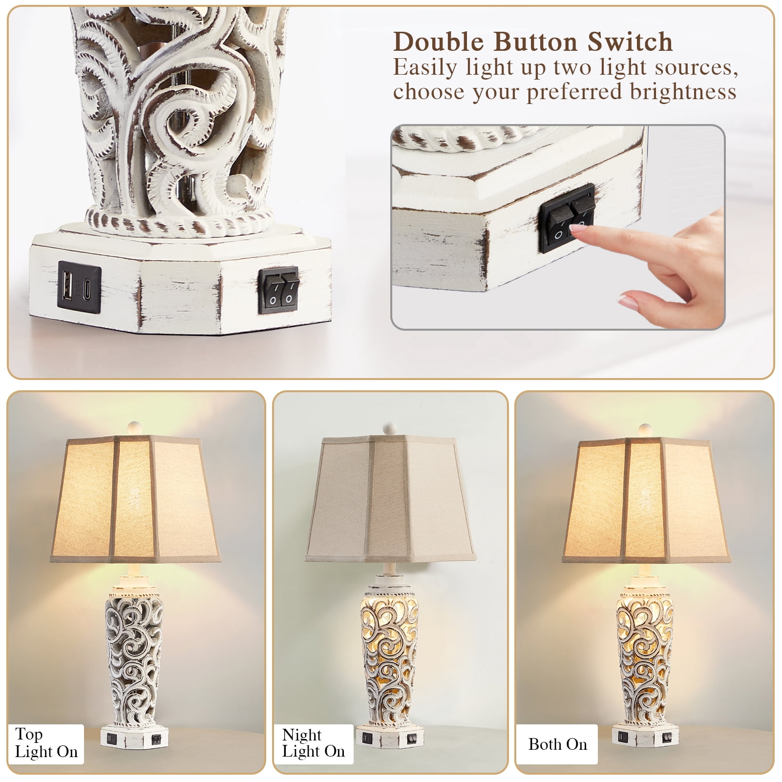 JUJUYUYOP 27" White Rustic Farmhouse Style Living Room Table Lamps Set of 2, Dual USB Charging Ports Ideal for Nightstands (Bulbs Included)
