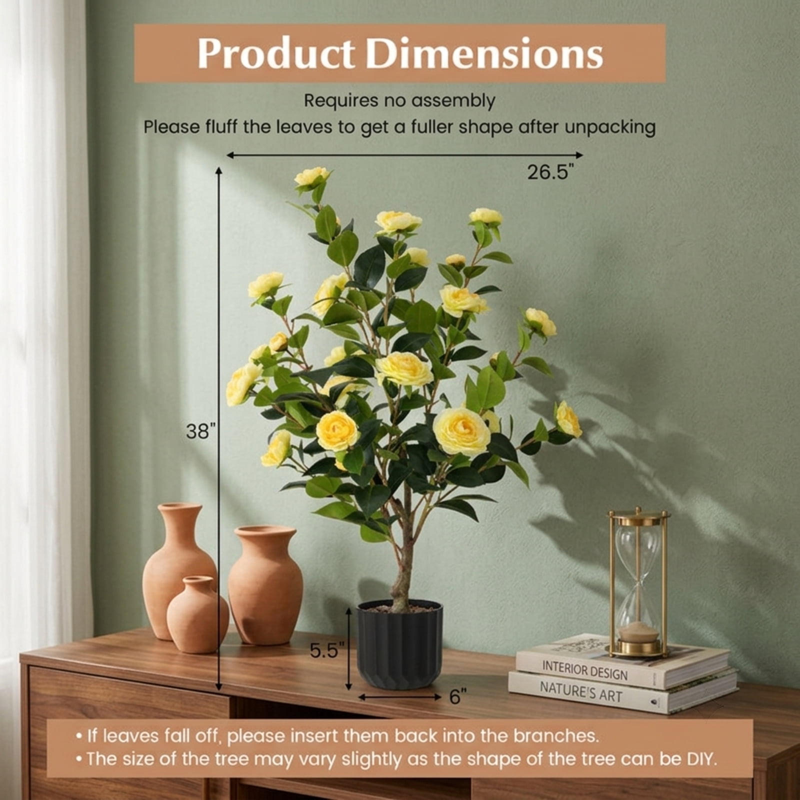 Vebreda Artificial Plant Decor, 38 Inch Artificial Camellia Tree Faux Flower Plant in Cement Pot, Gorgeous and Vivid Appearance