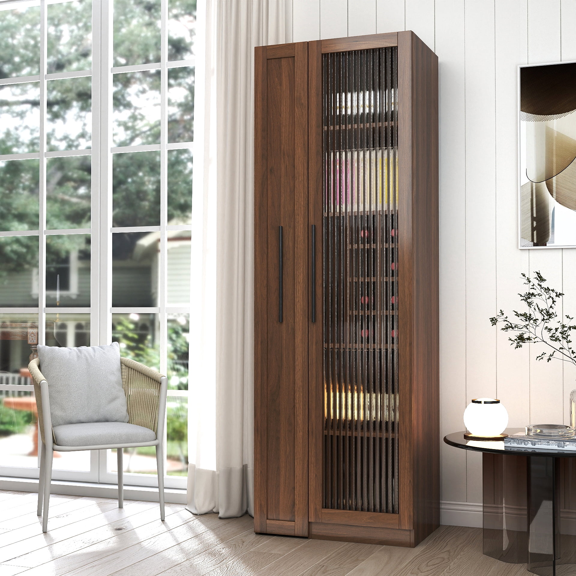Mintazer 67.2" Tall Pull-Out Storage Pantry Cabinet with Glass Doors & Shelves, Farmhouse Storage Cabinet for Kitchen Bar Dining Room, Brown