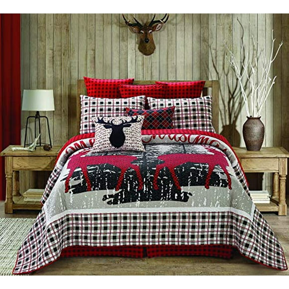 Regal Comfort Virah Bella Chic Printed 3pc Quilt Set, Merry Christmas Reindeer Full/Queen Bed Sheets Design (90" X 90", Christmas Plaid Red White) Holiday Bedding