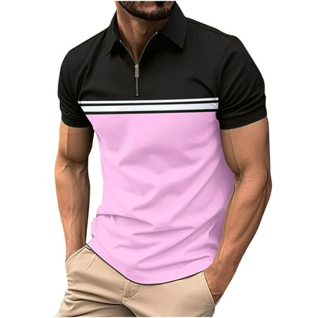 SSAAVKUY Mens Fashion Color Block Polo Shirts Casual Short Sleeve T Shirt Striped Moisture Wicking Golf Shirts Tops Pink XL
