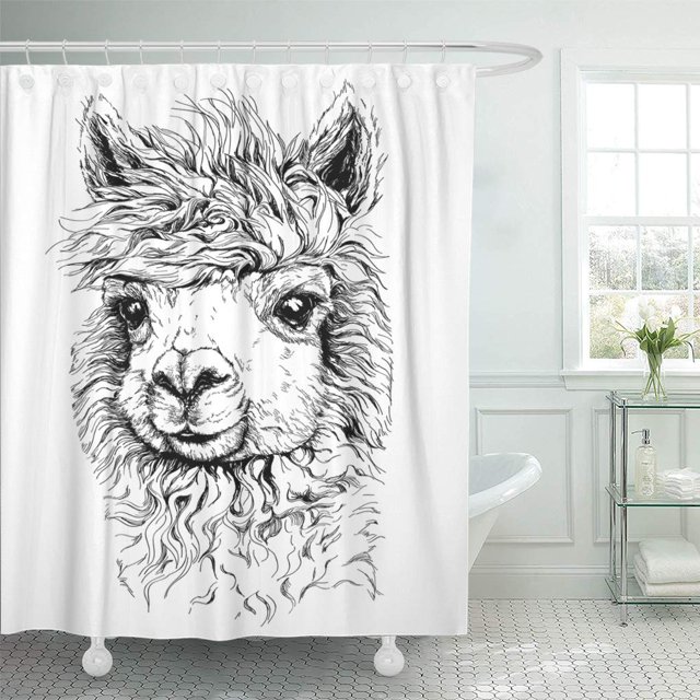 Cortina de Ducha ABPHQTO Boceto Realista de Lama Alpaca Blanco y Negro 160x180 cm