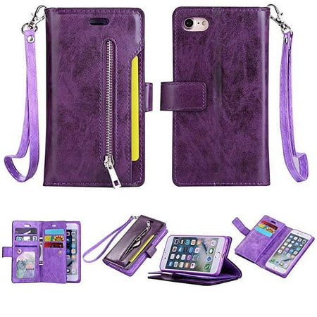 iPhone 8/ 7 Zipper Wallet Case, Allytech [Magnetic Closure] Multi-Functional Handbag Stand Function Folio PU Leather Flip Cover Inner Soft TPU Case for iPhone 8/ iPhone 7, Purple