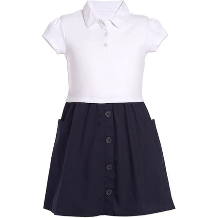 Nautica Girls' School Uniform Short Sleeve Polo Dress 7 White/Navy Poplin