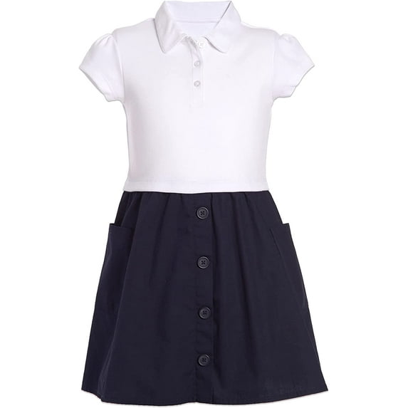 Nautica Girls' School Uniform Short Sleeve Polo Dress 7 White/Navy Poplin