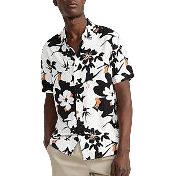Camisas De Mezclilla Para Hombre Camisa informal con estampado Floral de solapa suelta para hombre, puños de manga corta con botones, camisa Floral estilo puerto, Top de verano hawaiano (Black, S)
