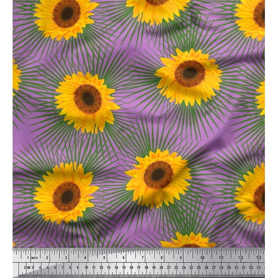 Soimoi Rayon Crepe Fabric Leaves & Sunflower Floral Printed Craft Fabric by The Yard 46 Inch Wide