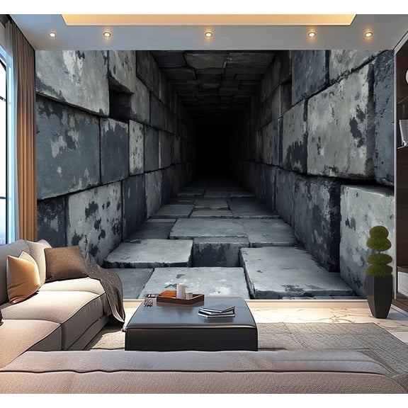 Peel and Stick Wallpaper Dark Tunnel Tunnels Concrete Blocks Grunge Texture Symmetry Abstract Modern Art Wall Mural Decor Self Adhesive and Removable 100in x 144in