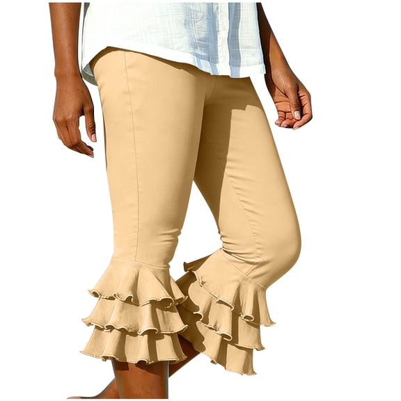 Admvng Women's Triple Ruffle Hem Capri Pants High Waist Slim Fit Cropped Trousers
