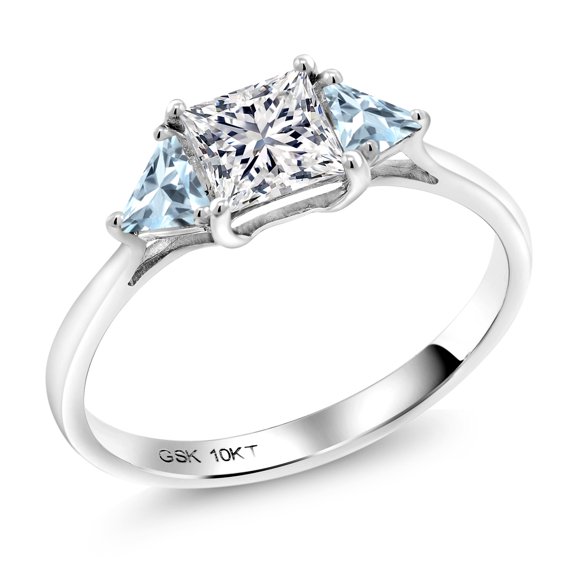Gem Stone King 10K White Gold Lab Grown Diamond and Sky Blue Aquamarine Engagement Ring for Women | 1.06 Cttw | Princess 5MM | Gemstone April Birthstone | Size 9