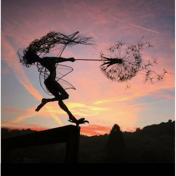 Outdoor Fairies Dandelions Dance Together Statue Garden Ornament Sculpture Metal Decor