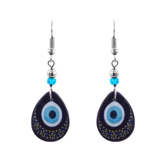 Teardrop Blue Evil Eye Nazar Mandala Graphic Dangle Earrings - Womens Fashion Handmade Jewelry Boho Accessories