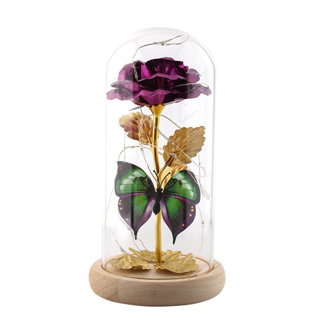 LED Color Gold Rose Flower Hollow Butterfly Log Bottom Glass Cover Simulation Valentine's Day Gift Decoration Ornaments