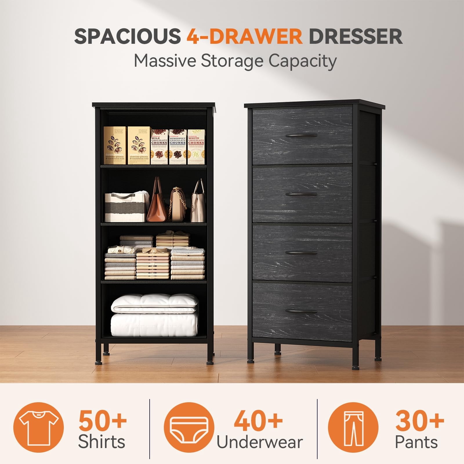 Telyra 4-Drawer Fabric Dresser 37.4" Tall Storage Tower with Wood Top and Steel Frame Narrow Organizer, Black Wood Grain