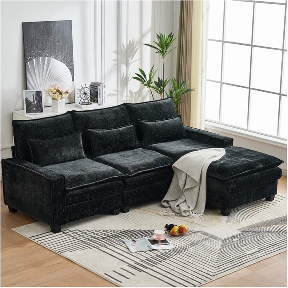 JERFIT Modern L-Shaped Chenille Sectional Sofa with Movable Ottoman, Deep Seating Cloud Couch for Living Room, Upholstered 4-Seat Sofa Set in Black