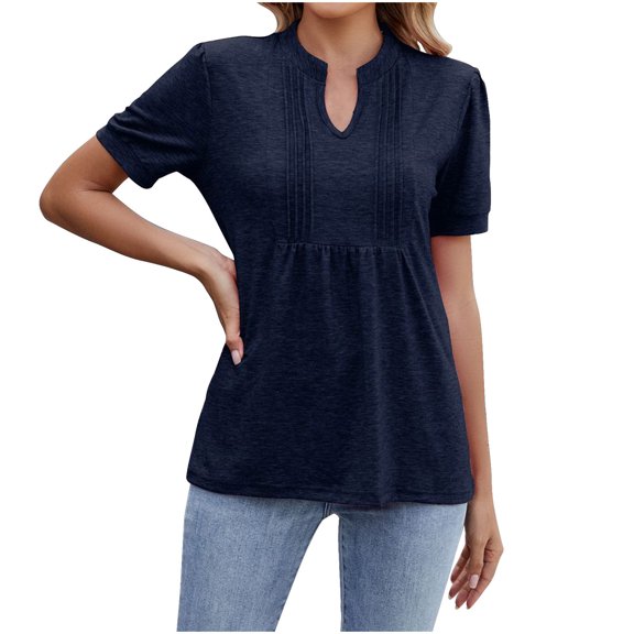 Fengactive Women's Notched V Neck Puff Short Sleeve Pleated Front Shirts Summer Cute Tops Casual Tunic Blouse