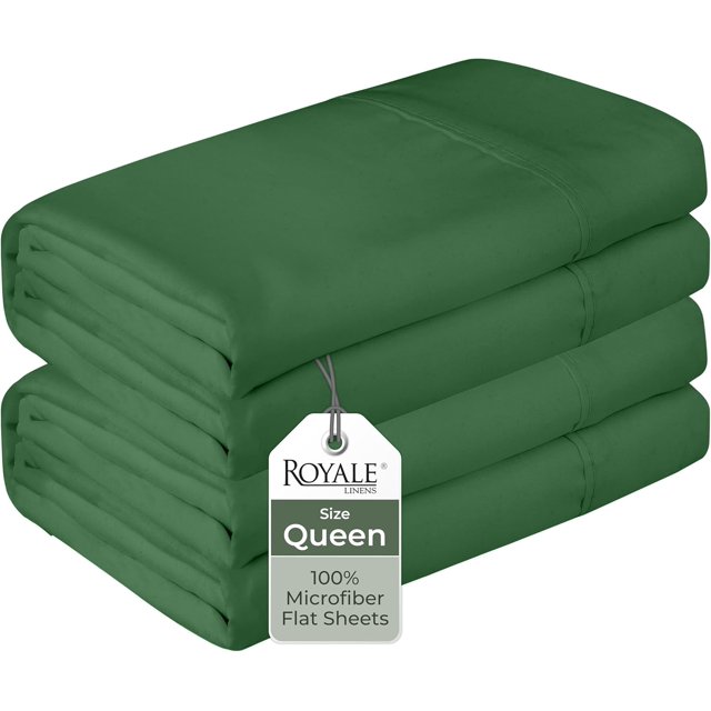Royale Linens 2 Pack Bulk Flat Sheet Set - Top Sheets - Soft Microfiber - Wrinkle & Stain Resistant - for Hotel, Massage Table, Hospital, Dorm - Queen Flat Sheet Sold Separately (Queen, Hunter Green)