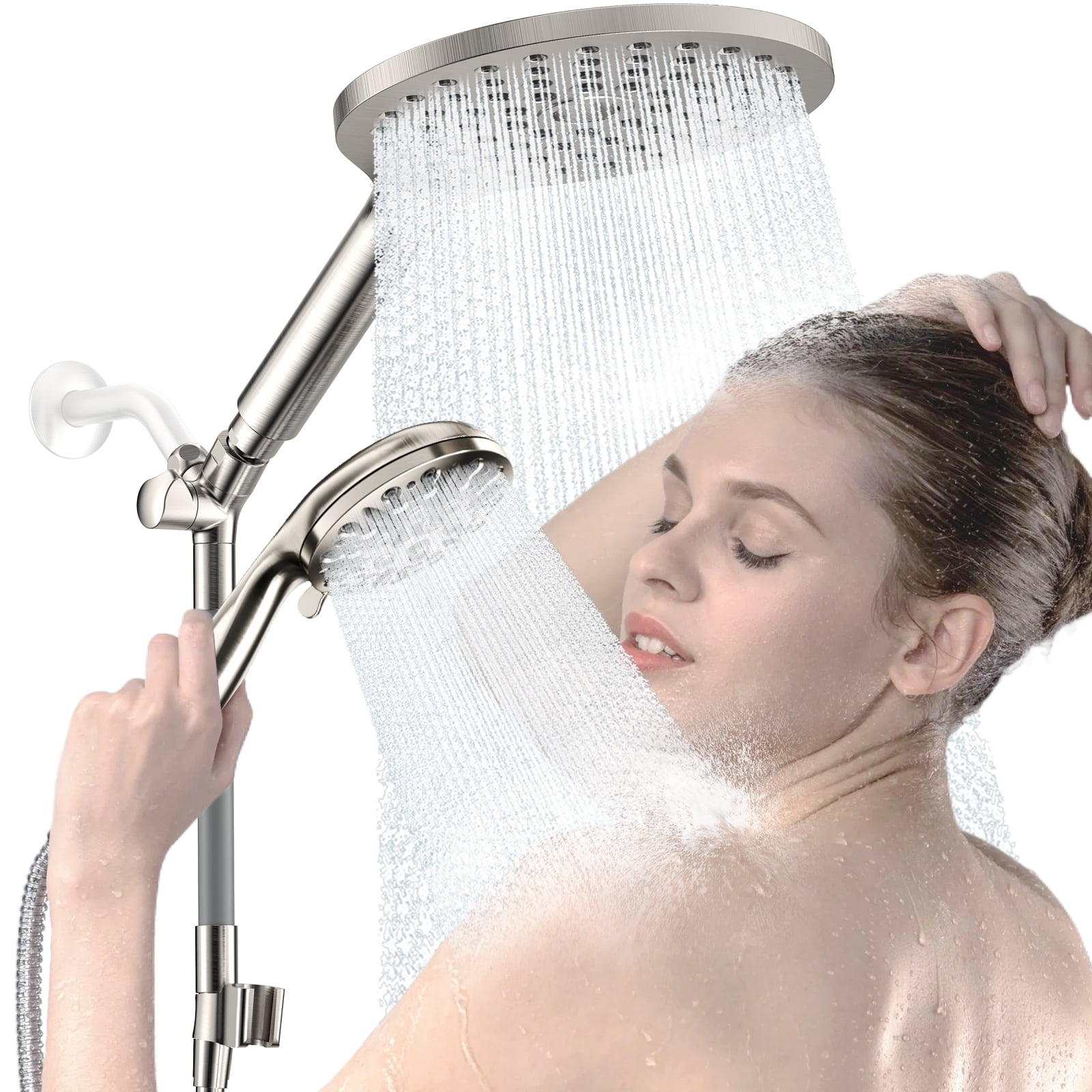 KAIYING Dual Shower Head with Handheld Spray, 9 Modes, Adjustable Angles, 79-Inch Hose, Brushed Nickel