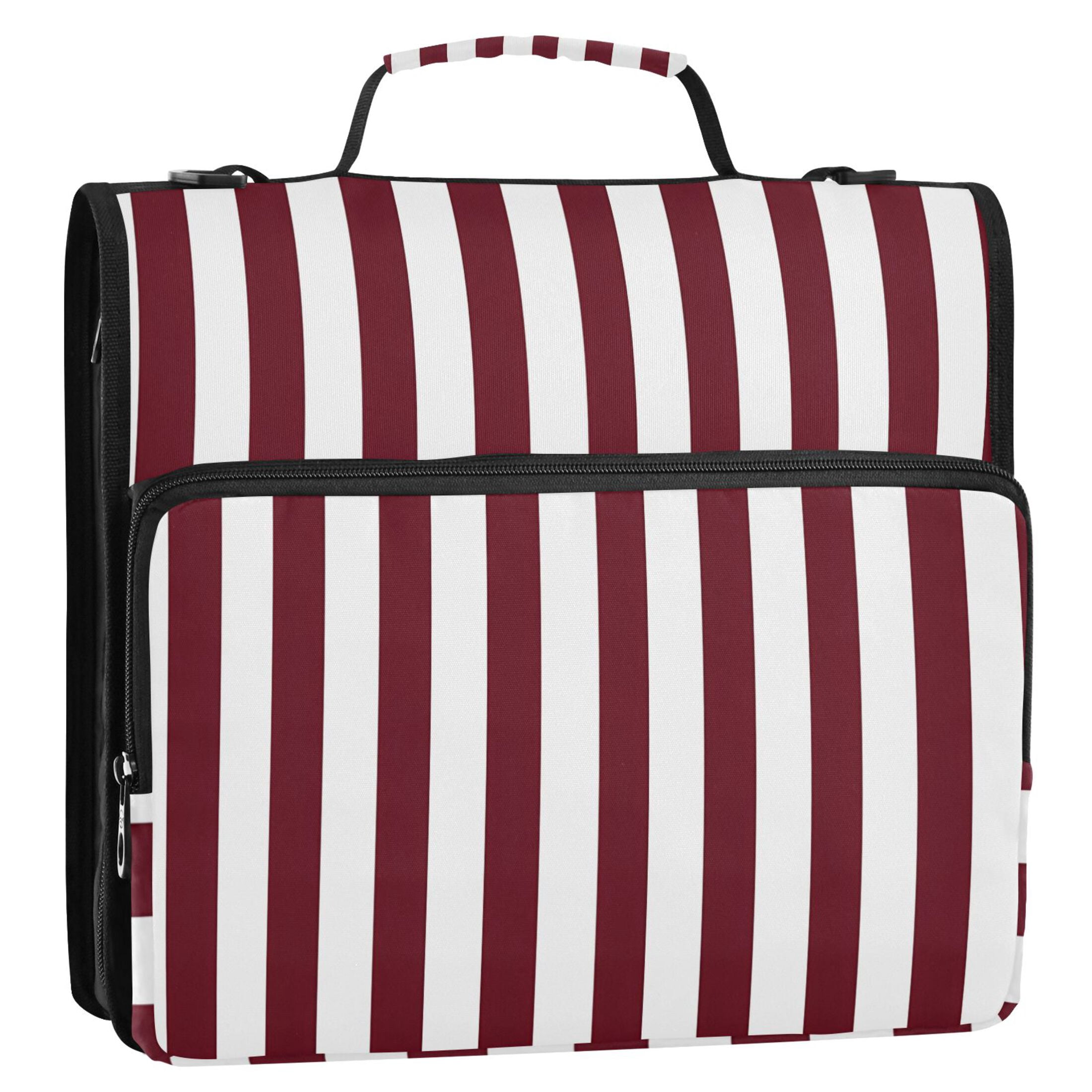 3 Ring Zipper Binder with Shoulder Strap Waterproof Trapper Keeper 2 Inch D-Ring 500 Sheets Capacity Dark Red and White Striped