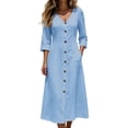 thumbnail image 2 of Ayolanni 3/4 Sleeve Fall Dresses for Women V Neck Cotton A-Line Maxi Dresses Formal Work Solid Button Down Long Dress with Pockets Blue S, 2 of 7