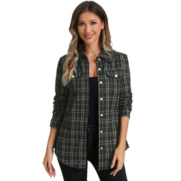 DARING DIVA Women's Plaid Tweed Jackets Collared Lightweight Shackets XS Black