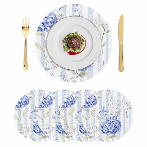 Hydrangea Striped Round 13 Inch Placemats Set of 4, Vintage Floral Botanical HeatResistant Non Slip Place Mats for Dining Table, Wipeable Braided Kitchen Table Mats for Housewarming