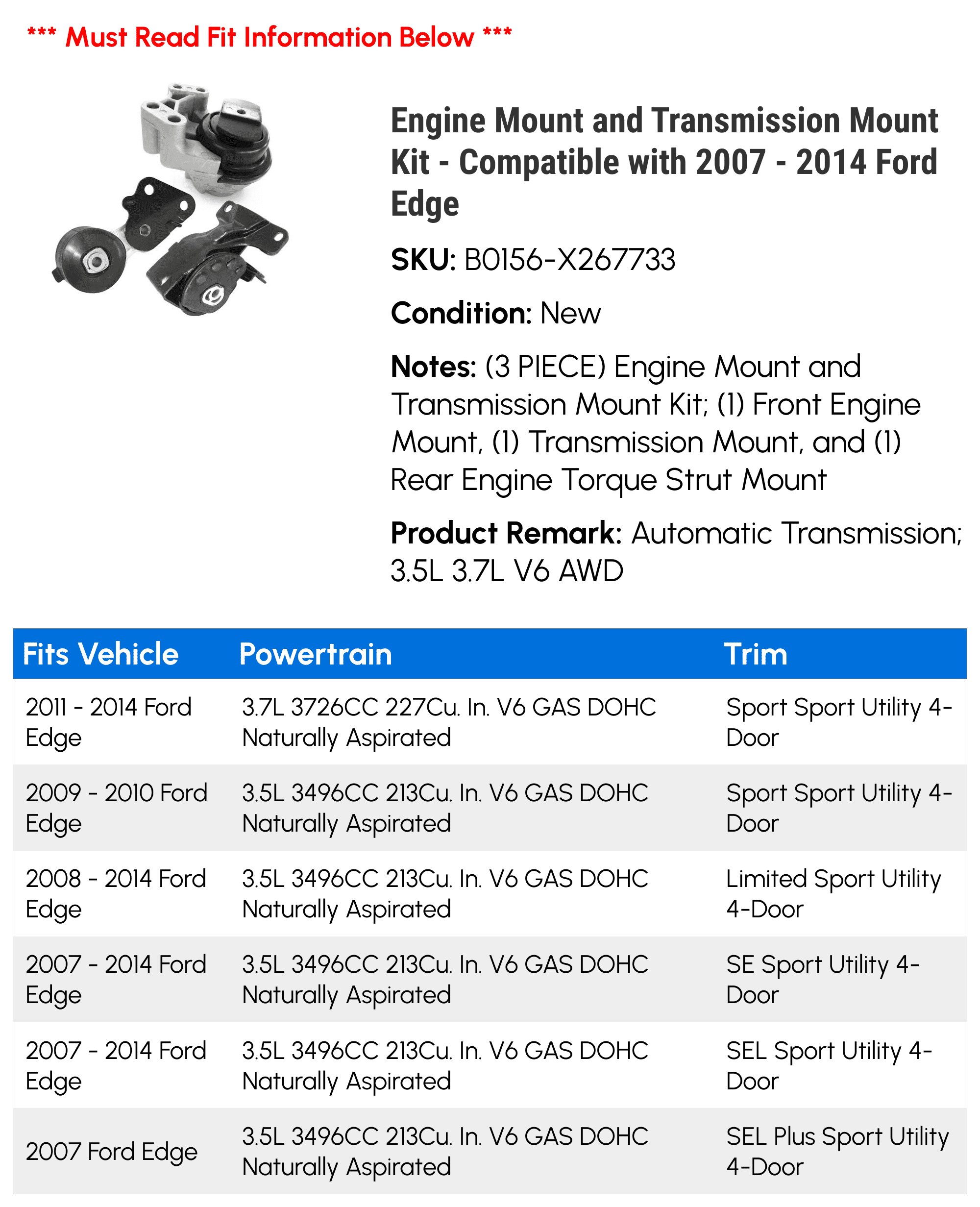 Engine Mount and Transmission Mount Kit - Compatible with 2007 - 2014 Ford Edge 2008 2009 2010 2011 2012 2013