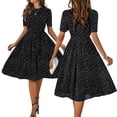 thumbnail image 4 of Women Casual Dress Summer Dress Solid Color Polka Dot Print Dress Short Sleeve Lace Up Tie Dress,  Black L, 4 of 8