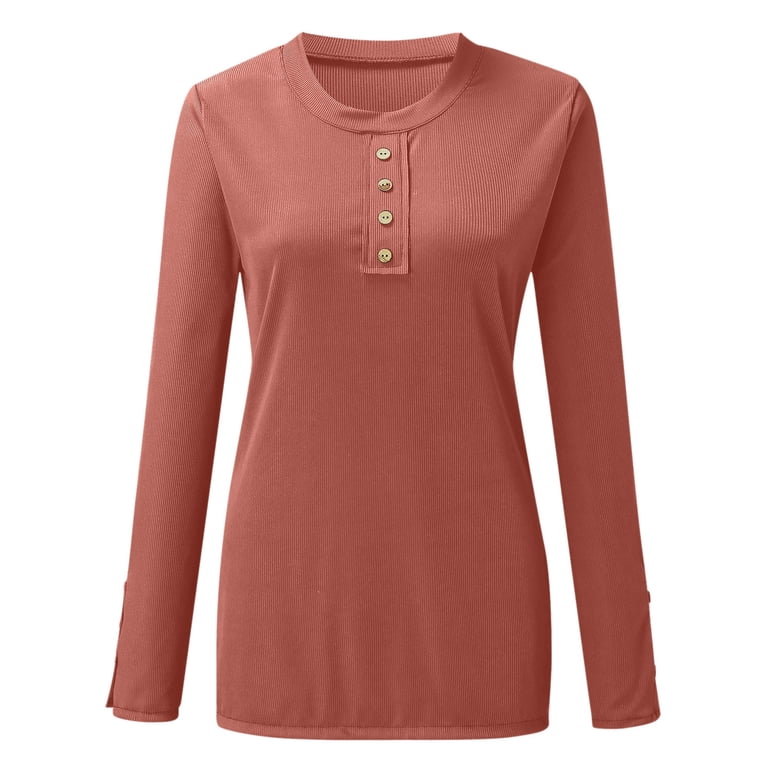 Kinlonsair Women’s Long Sleeve Henley Top – Slim Fit Ribbed Knit Shirt With Button Detail
