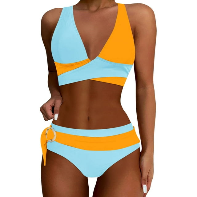 JAKANYQ Women High Waisted Bikini Sets Swimsuits Color Block Two Piece Drawstring Bathing Suit Classic Versatile Swimwear, Xl