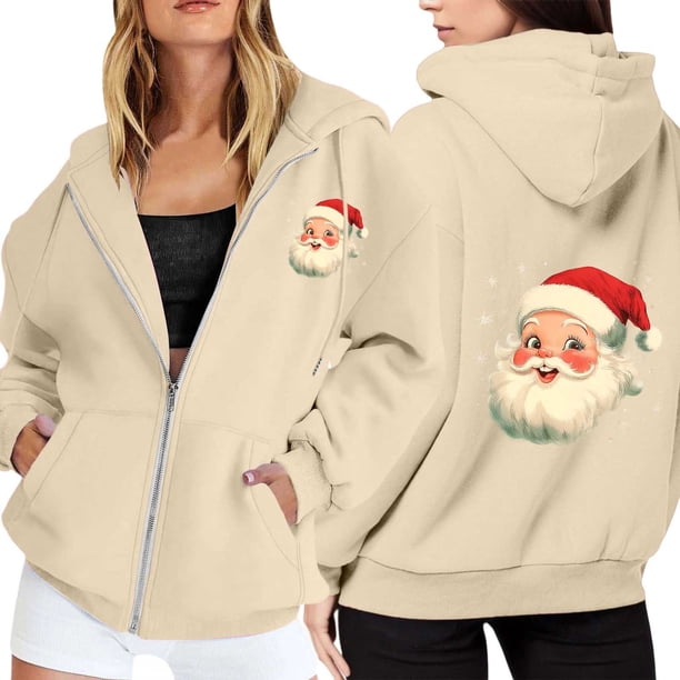 WILLBEST Sudadera de Mujer con Estampado Navideño, Cremallera, Manga Larga, Bolsillo, Cordón Ajustable y Capucha Informal Mediana